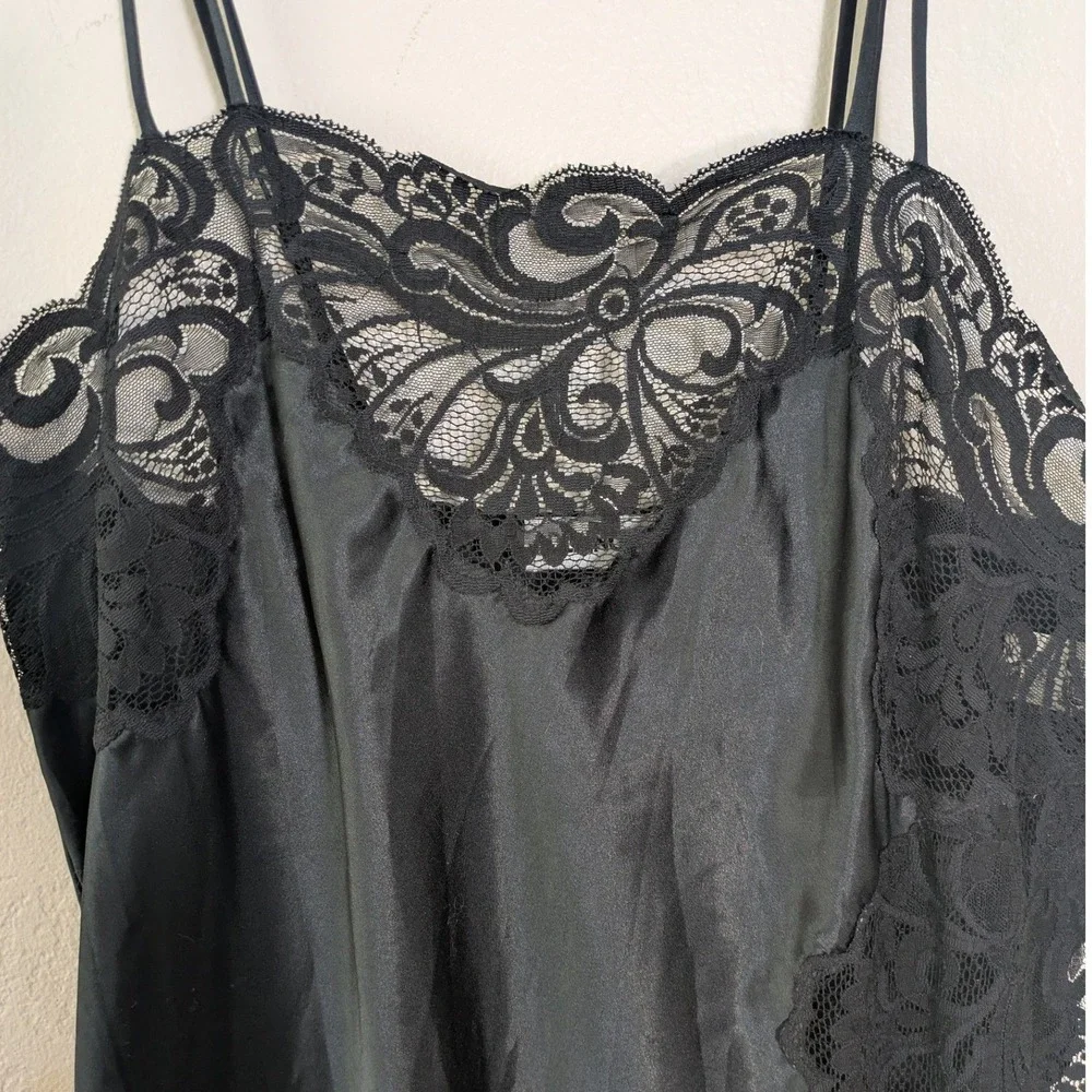 Vintage 80s / 90s Blanche Black Satin Maxi Slip Dress Side Slit Lace and Ties M - Picture 2 of 9